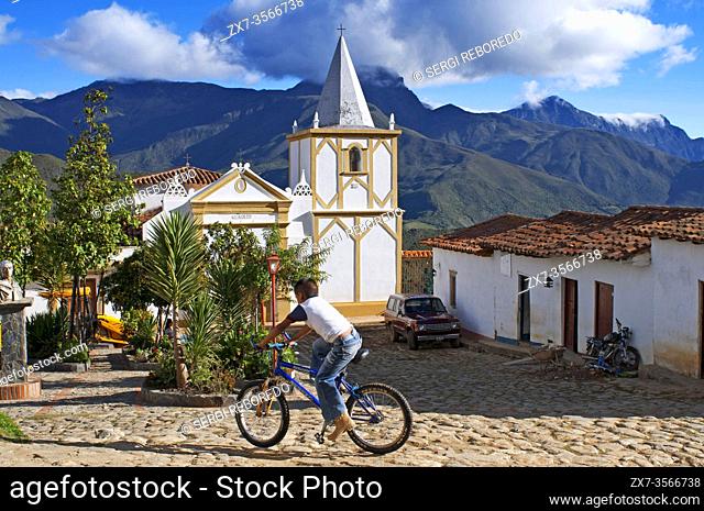Church in Los Nevados village in andean cordillera Merida state Venezuela. Los Nevados, is a town founded in 1591, located in the Sierra Nevada National Park in...