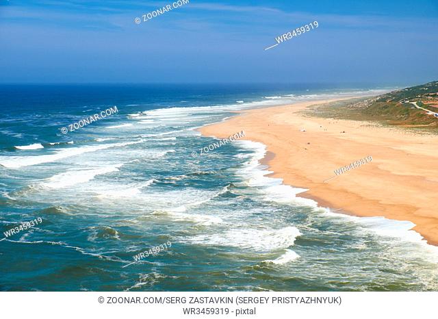 View on Nazare atlantic coast and sandy beach in Portugal