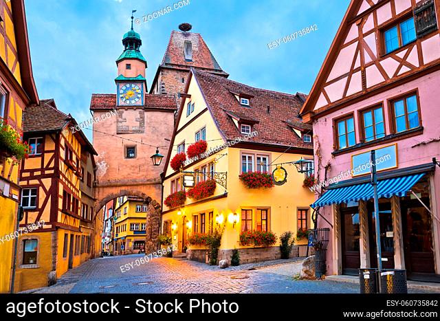 Idyllic Germany. Street architecture of medieval German town of Rothenburg ob der Tauber evening view. Bavaria region of Germany