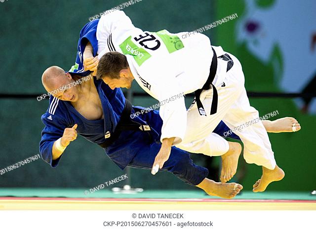Lukas Krpalek (in white) from Czech Republic and Henk Grol from Netherlands fight during the Men's Judo under 100kg final in Heydar Aliyev Arena at the Baku...
