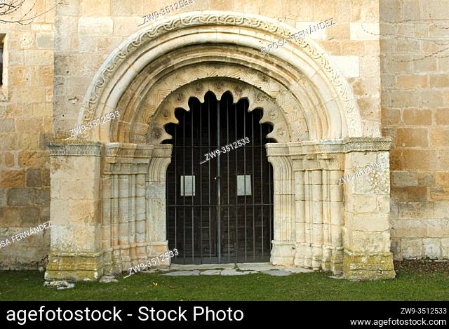Facade and main door, Church of Saint Pedro Apostle, in Romanesque  and Renaissance Styles, Villacadima, province of Guadalajara, Castilla La Mancha, Spain