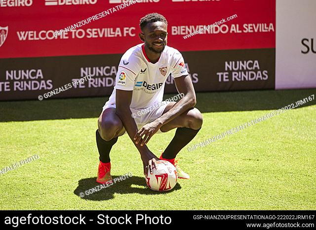 Seville, Spain. 22nd, August 2022. Sevilla FC present the French footballer Tanguy Nianzou as a new signing at a press conference at the Ramon Sanchez-Pizjuan...