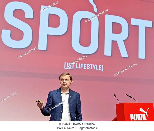 CEO of Puma SE,  Bjoern Gulden, delivers a speech at the annual general meeting of Puma SE in Herzogenaurach, Germany, 13 May 2014