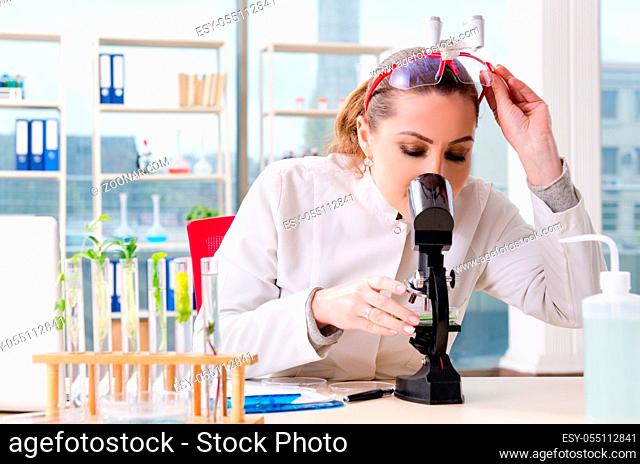 Female biotechnology scientist chemist working in the lab