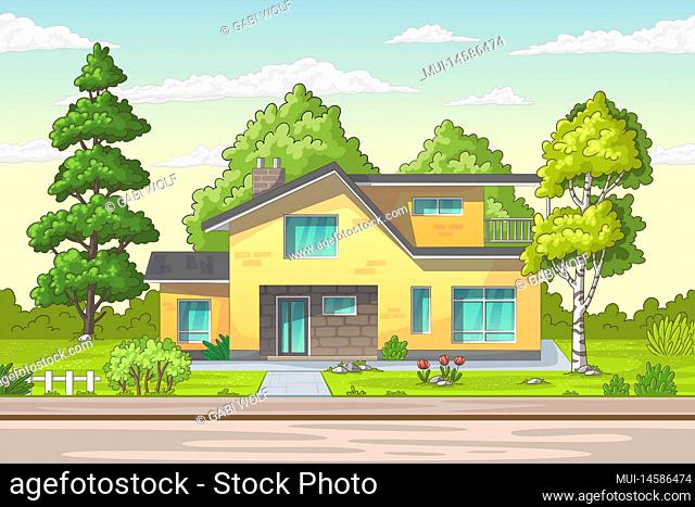 Modern house with large garden on a street in summer