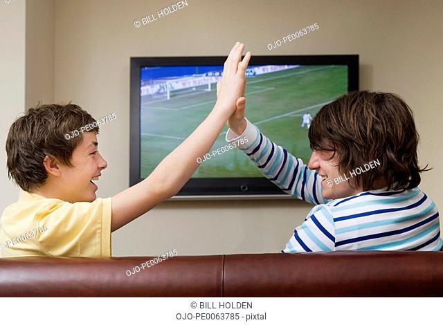 Teenage boys celebrating soccer match