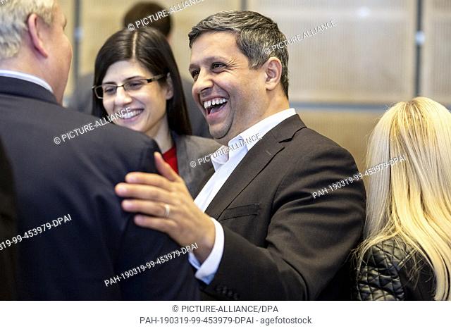 19 March 2019, Berlin: Raed Saleh, SPD parliamentary group leader in the Berlin House of Representatives, laughs at the beginning of a meeting of his...