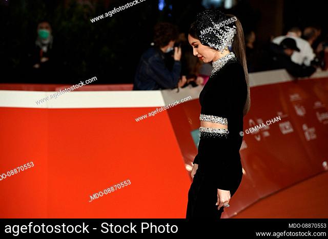 Chinese-born British actress and former model Gemma Chan (Miss Sohee dress - Swarovski) at Rome Film Fest 2021. Eternals Red Carpet