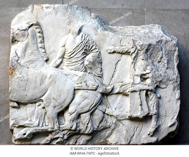 Detail from the Parthenon Frieze. Greek marble sculpture, made between 443-438 BC. The full frieze shows a narrative procession of men, women & horses