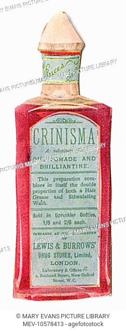 Bottle containing Crinisma hair preparation, a substitute for oil, pomade and brilliantine. This preparation combines in itself the double properties of both a...