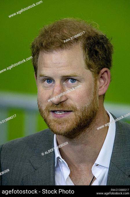 Prince Harry, Duke of Sussex at the Merkur Spiel Arena in Dusseldorf, on September 06, 2022, attending the Press conference to give the kick-off of the One Year...