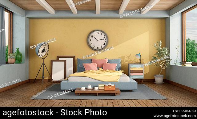 Classic style master bedroom with colorful double bed against yellow wall - 3d rendering