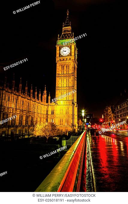 Big Ben Tower Westminster Bridge Night Houses of Parliament Westminster London England. Named after the Bell in the Tower