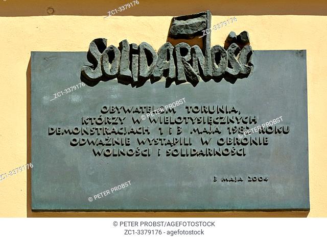 Memorial board to the activity of the Polish trade union Solidarnosc in Torun - Poland