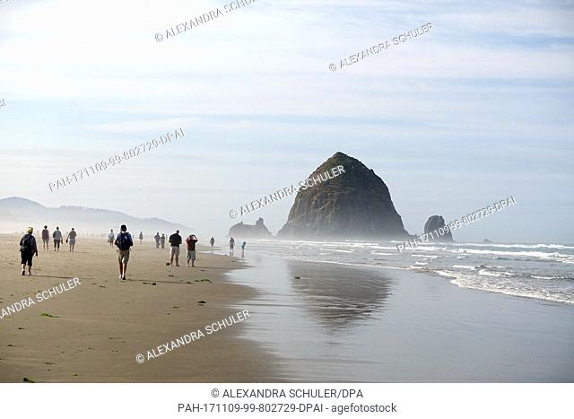 View of the Haystack Rock at the Southern end of Cannon Beach, US, 3 September 2017. The Haystack Rock is a 72-meter-high monolith at the coast of Oregon in the...
