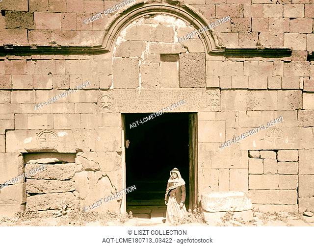 Jebel el-Druze & Hauran. Ezraa. Entrance to the Byzantine church showing Greek inscription above doorway. 1938, Syria, Izra