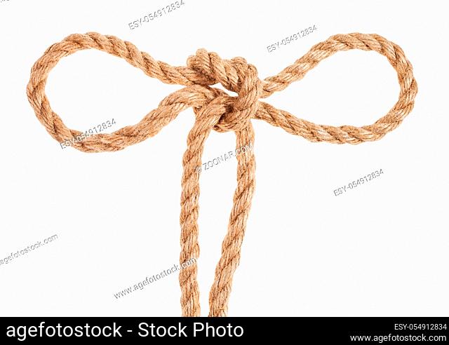 tom fool's knot tied on thick jute rope isolated on white background