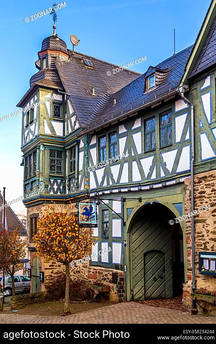 Half-timbered house with gate in Idstein, Germany