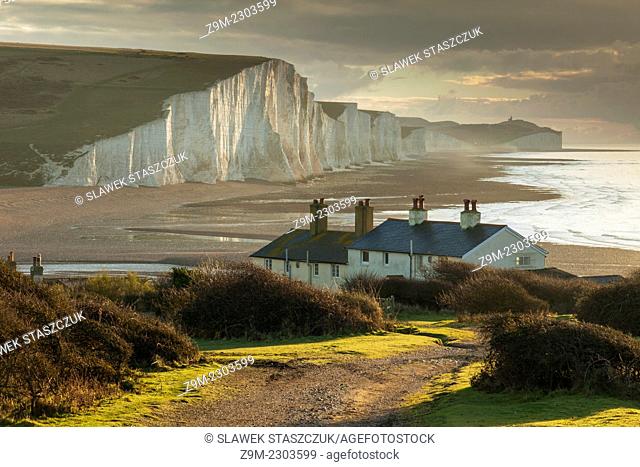 Early winter morning at Coastguard Cottages and Seven Sister cliffs, East Sussex, England