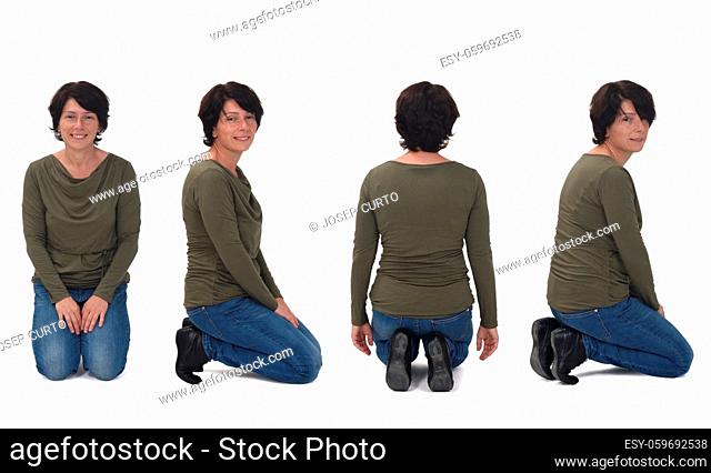 the same woman on her knees on white background