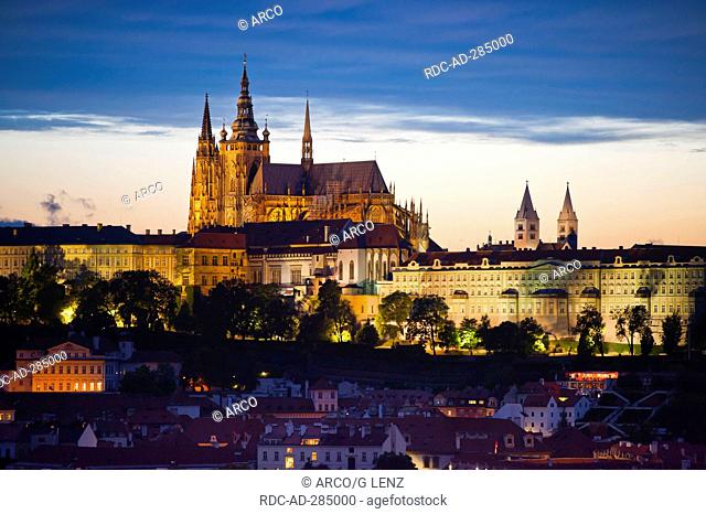 View from old town hall tower to Prague Castle and St Vitus Cathedral, Bohemia, Czech Republic