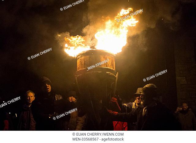 The annual ""Burning of the Clavie"" at the Burghead a fishing village on the Moray Firth which celebrates New Year. Featuring: Burning of the Clavie Where:...