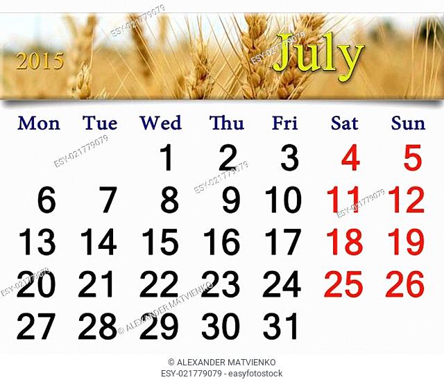 calendar for the July 2015 with ribbon of wheat