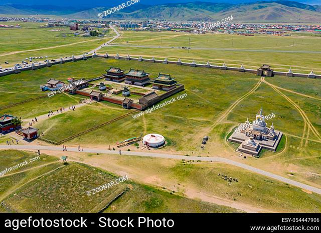 Aerial view of the Kharkhorin Erdene Zuu Monastery in Kharkhorin (Karakorum), Mongolia. Karakorum was the capital of the Mongol Empire between 1235 and 1260