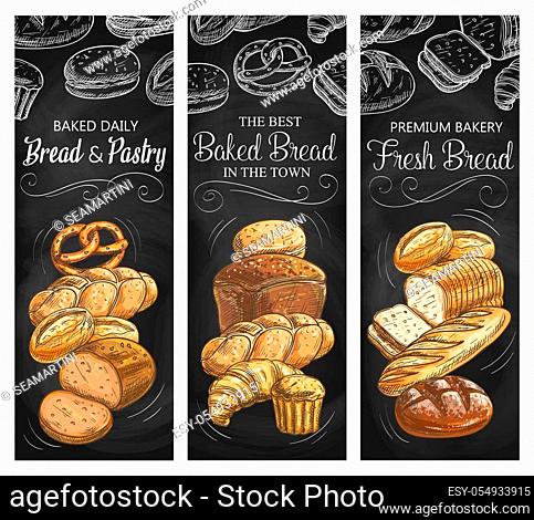 Bread and pastry blackboard banners of bakery shop food vector design. Croissant, baguette and loaves of wheat bread, cupcake, sandwich toasts and pretzel