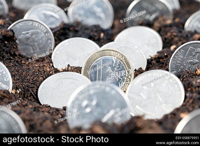 one euro and American coins growing from the soil on the field, closeup