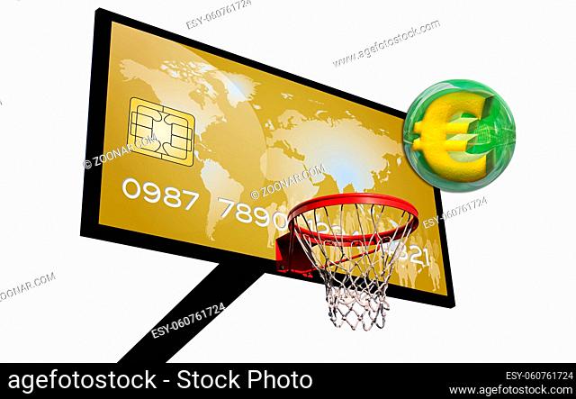 credit card on a basketball panel with a euro 3d in a green chrome sphere