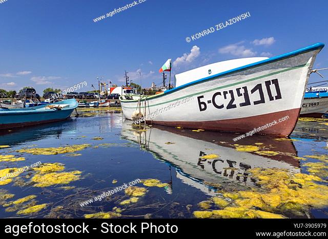 Fishermen's boat in port of Sozopol historic seaside town in Burgas Province on the southern Black Sea Coast in Bulgaria