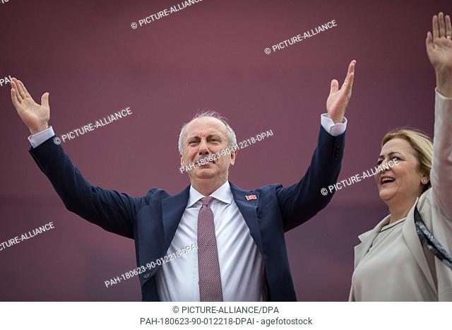Muharrem Ince (L), Presidential candidate of Turkey's main opposition party, the Republican People's Party (CHP), and his wife Ulku Ince arrive at a rally in...