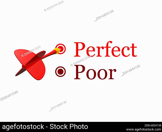 Quality survey, performance form with red plastic dart arrow and targets, perfect marked, poor not selected, isolated on white background