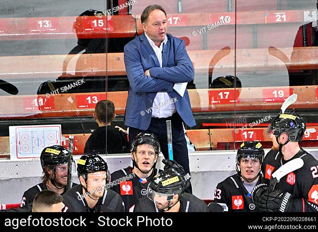 Head coach of Sparta Pavel Patera is seen during the Champions Hockey League, Group A, match HC Sparta Praha vs Aalborg Pirates, on September 2, 2022, in Prague