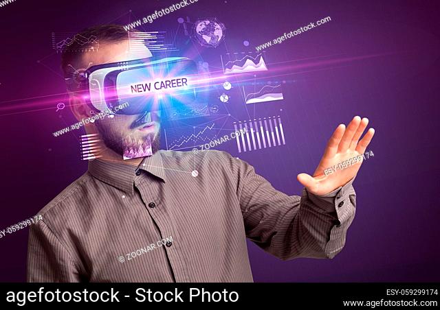 Businessman looking through Virtual Reality glasses with NEW CAREER inscription, new business concept