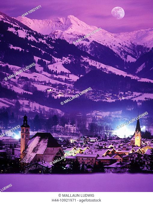 Austria, Europe, Tyrol, Kitzbühel, winter, evening, mood, tourism, ski vacation, moon lights, high, mountain, mountains