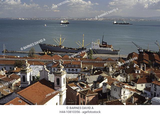 Alfama, coast, freight, freighters, harbor, industry, Lisbon, overview, port, Portugal, Europa, Europe, river, sea