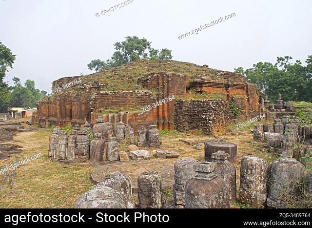 A brick stupta in a bad state of preservation along with small Votive stupas close to Monastery No 1, 9th century AD, Buddhist site, Lalitgiri, Orissa, India