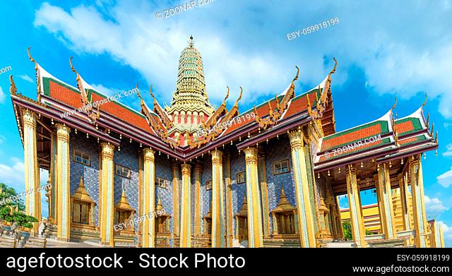 Panorama of complex of Temple of Emerald Buddha, view to ornate Royal Pantheon. Grand Palace, Bangkok, Thailand