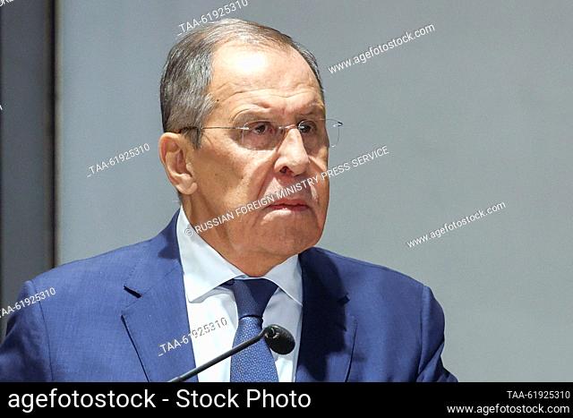 BANGLADESH, DHAKA - SEPTEMBER 7, 2023: Russia's Minister of Foreign Affairs Sergei Lavrov gives a press conference following his meeting with Bangladesh's...