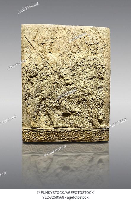 Picture & image of Hittite sculpted orthostats panels of Long Wall Limestone, Karkamis, (Kargamis), Carchemish (Karkemish), 900-700 B.C. Soldiers