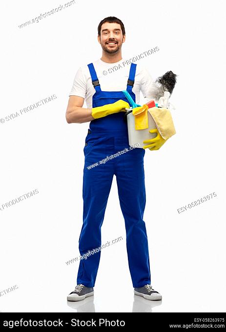 male cleaner in overal with cleaning supplies