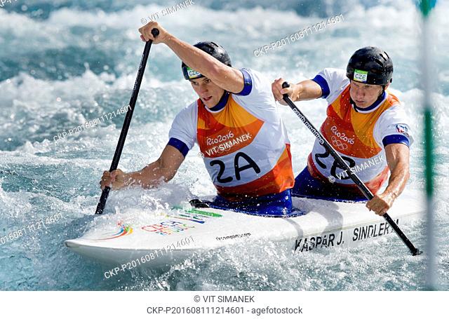Jonas Kaspar, front, and Marek Sindler of the Czech Republic placed the eighth in the canoe single C2 men's finals of the Canoe Slalom at the 2016 Summer...