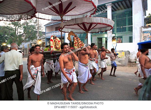 Vaishnav devotees in procession of god ; District Kanchipuram ; Tamil Nadu ; India