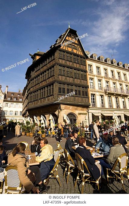 Place de la Cathedrale and Maison Kammerzell, View over a pavement cafe on Place de la Cathedrale Cathedral Square, to one of the oldest and loveliest timbered...