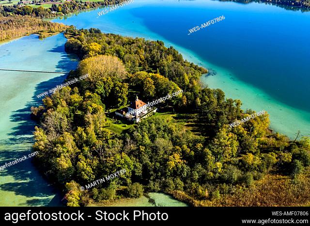 Germany, Bavaria, Bachern, Stranberg district, Aerial view of Worth lake with the Worth island (also called Mausinsel)