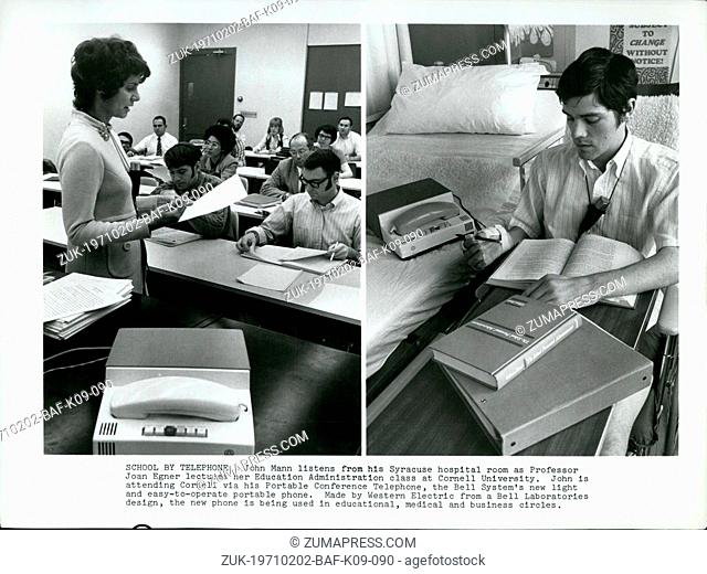 Feb. 02, 1971 - School By Telephone: John Mann listens from his Syracuse hospital room as Professor Joan Egner lectures her Education Administration class at...