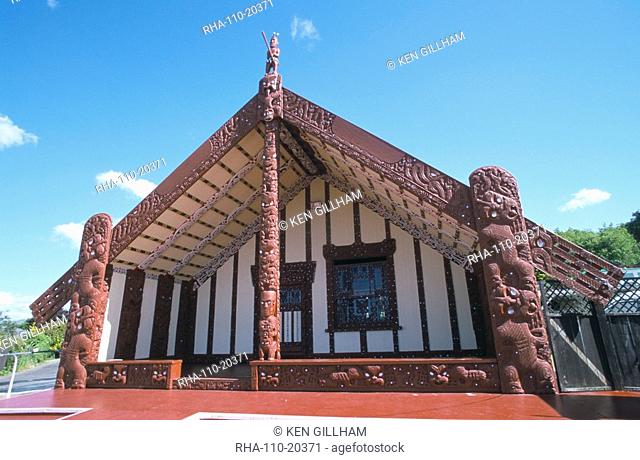 Tamatekapua, Maori meeting house whare whakairo, Ohinemutu, Rotorua, South Auckland, North Island, New Zealand, Pacific