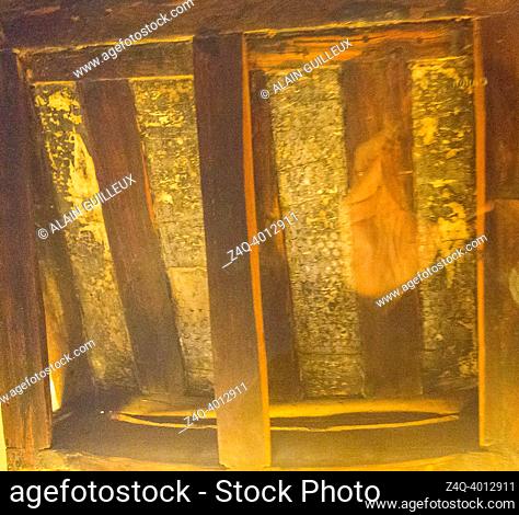 Egypt, Cairo, Egyptian Museum, from the tomb of Yuya and Thuya in Luxor : Rear of the wooden chair of Satamon, with silver plaques